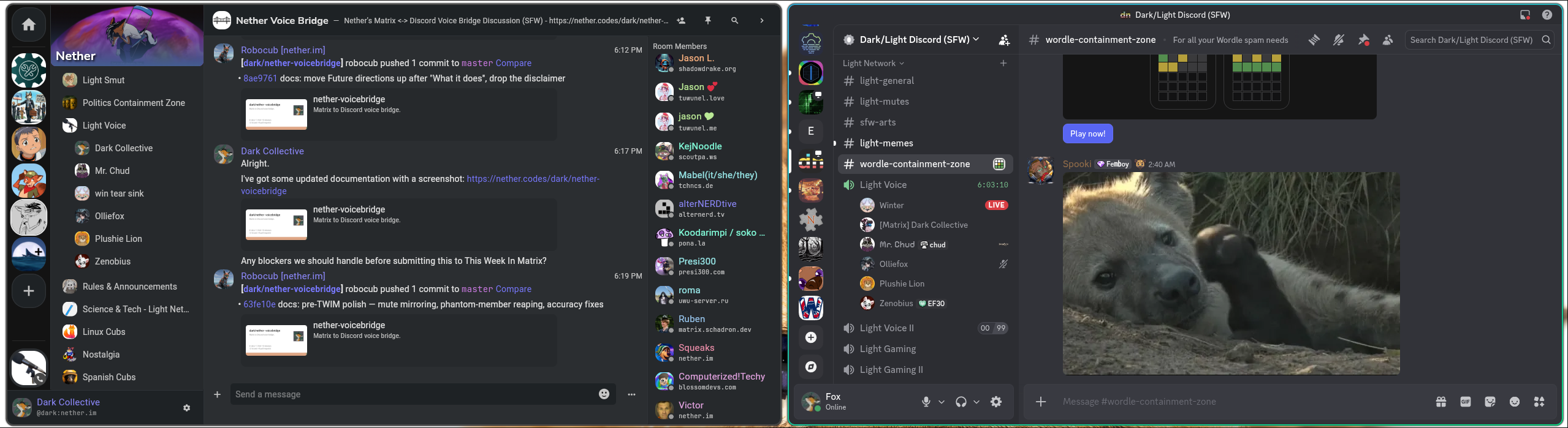 Side by side: a Matrix call on the left and the bridged Discord voice channel on the right. Discord speakers appear as named participants in the Matrix call, and Matrix speakers appear as named participants in Discord.