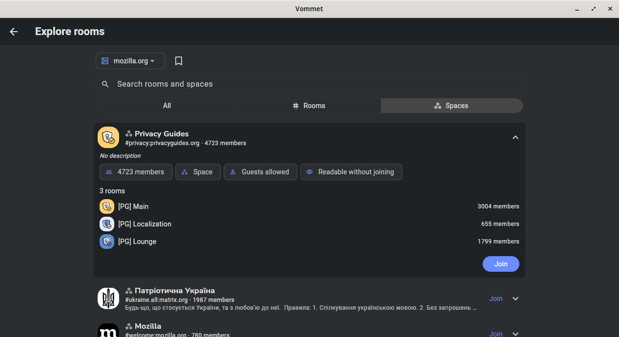Vommet's Explore rooms page on mozilla.org, filtered to spaces, with the Privacy Guides space expanded to show its member count, that guests can read it without joining, its three rooms and a Join button