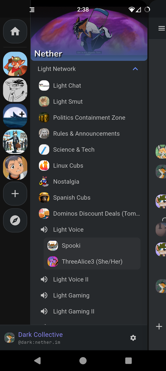 Vommet on Android with the side menu open: a space with a picture banner, its list of rooms, and a voice channel showing the two people currently in it