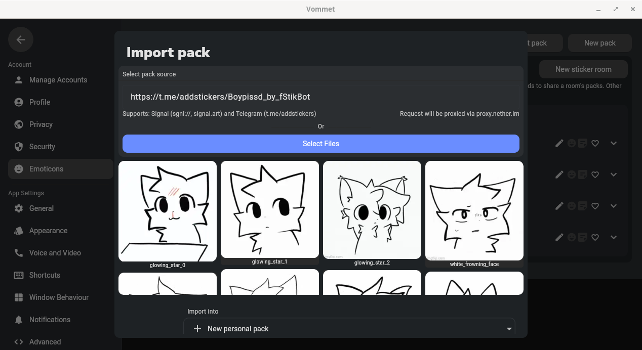 Vommet's Import pack dialog with a Telegram sticker link pasted, previewing a pack of black-and-white cartoon cat stickers ready to import into a new personal pack