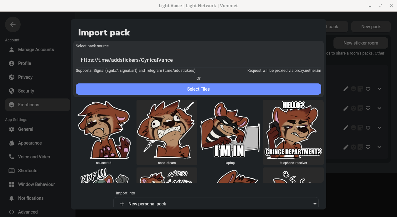 Vommet's Import pack dialog with a Telegram sticker link pasted, previewing a pack of cartoon raccoon stickers ready to import into a new personal pack