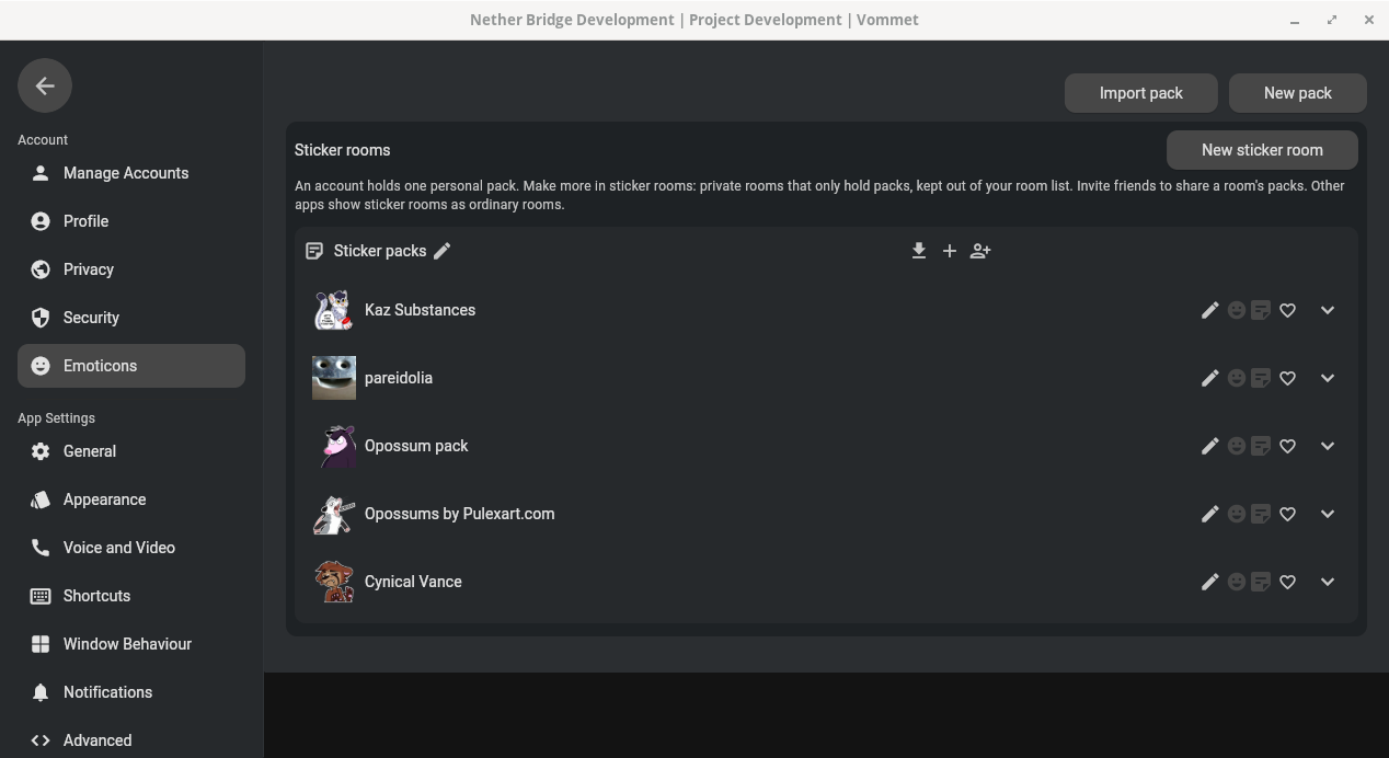 Vommet's Emoticons settings showing a sticker room with five sticker packs, the last one the same raccoon pack imported above, and buttons to import a pack, make a new pack or a new sticker room