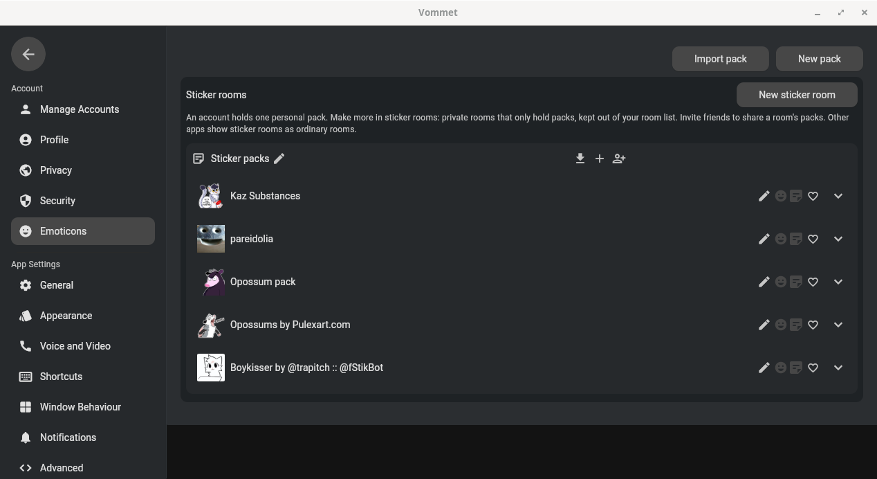 Vommet's Emoticons settings showing a sticker room with five sticker packs, the last one the same cat pack imported above, and buttons to import a pack, make a new pack or a new sticker room