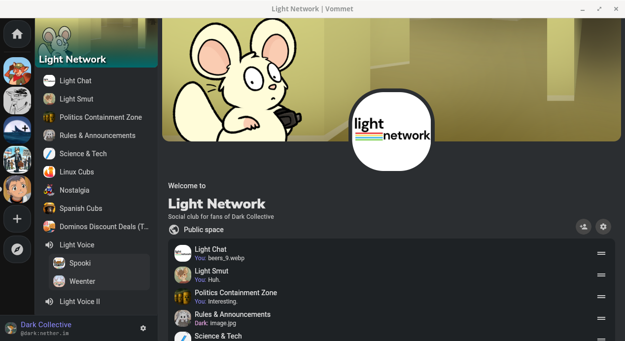 Vommet on desktop showing a space's home page with a banner, a big space icon and its room list, in the default dark theme
