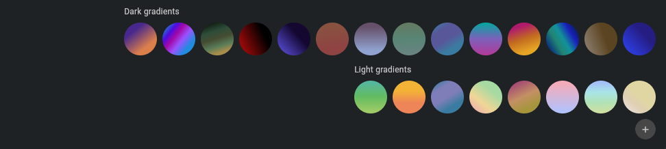 Vommet's theme settings: a row of fourteen dark gradient swatches, eight light gradient swatches, and a plus button to add a theme